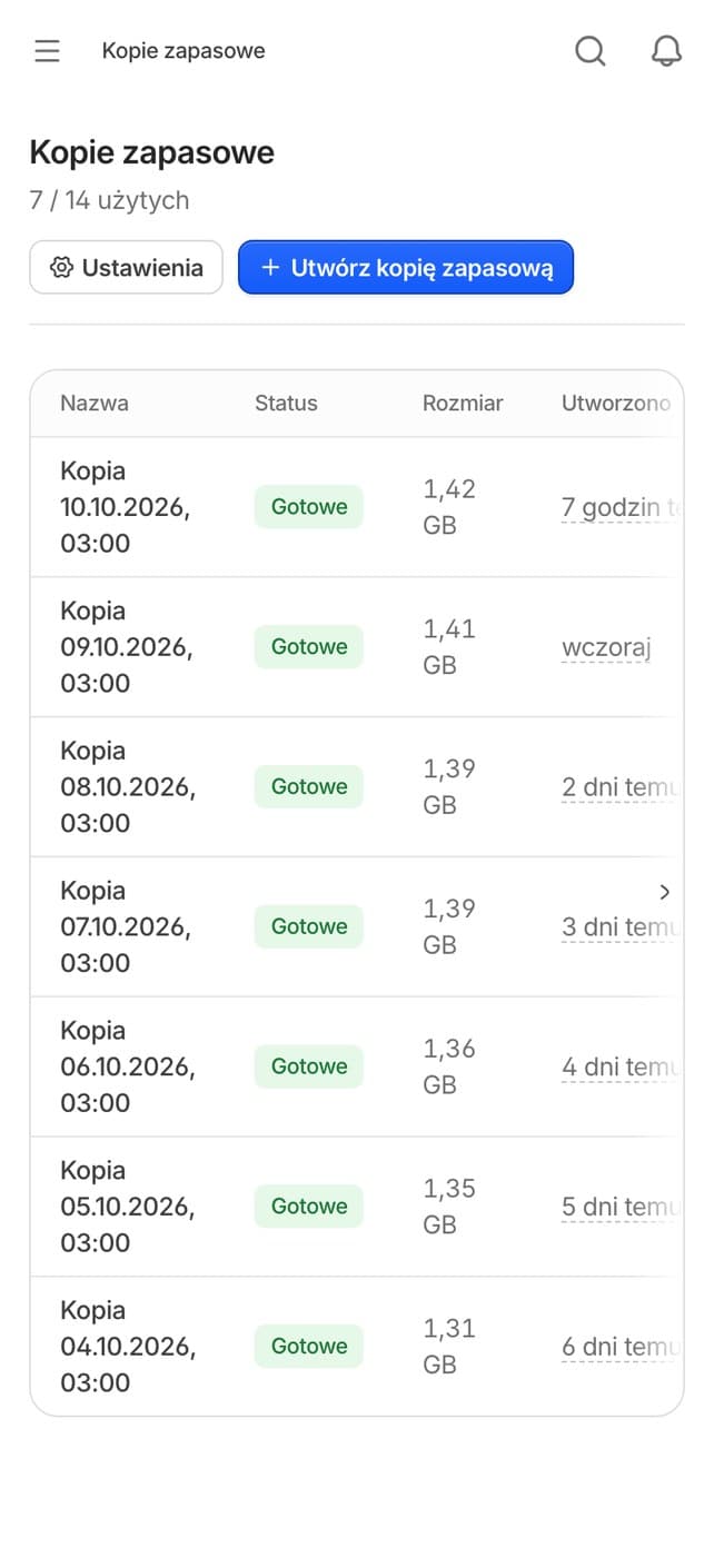 Nowy panel Hostero, kopie zapasowe serwera
