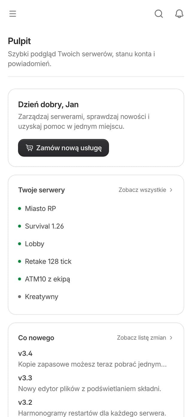 Nowy panel Hostero, pulpit