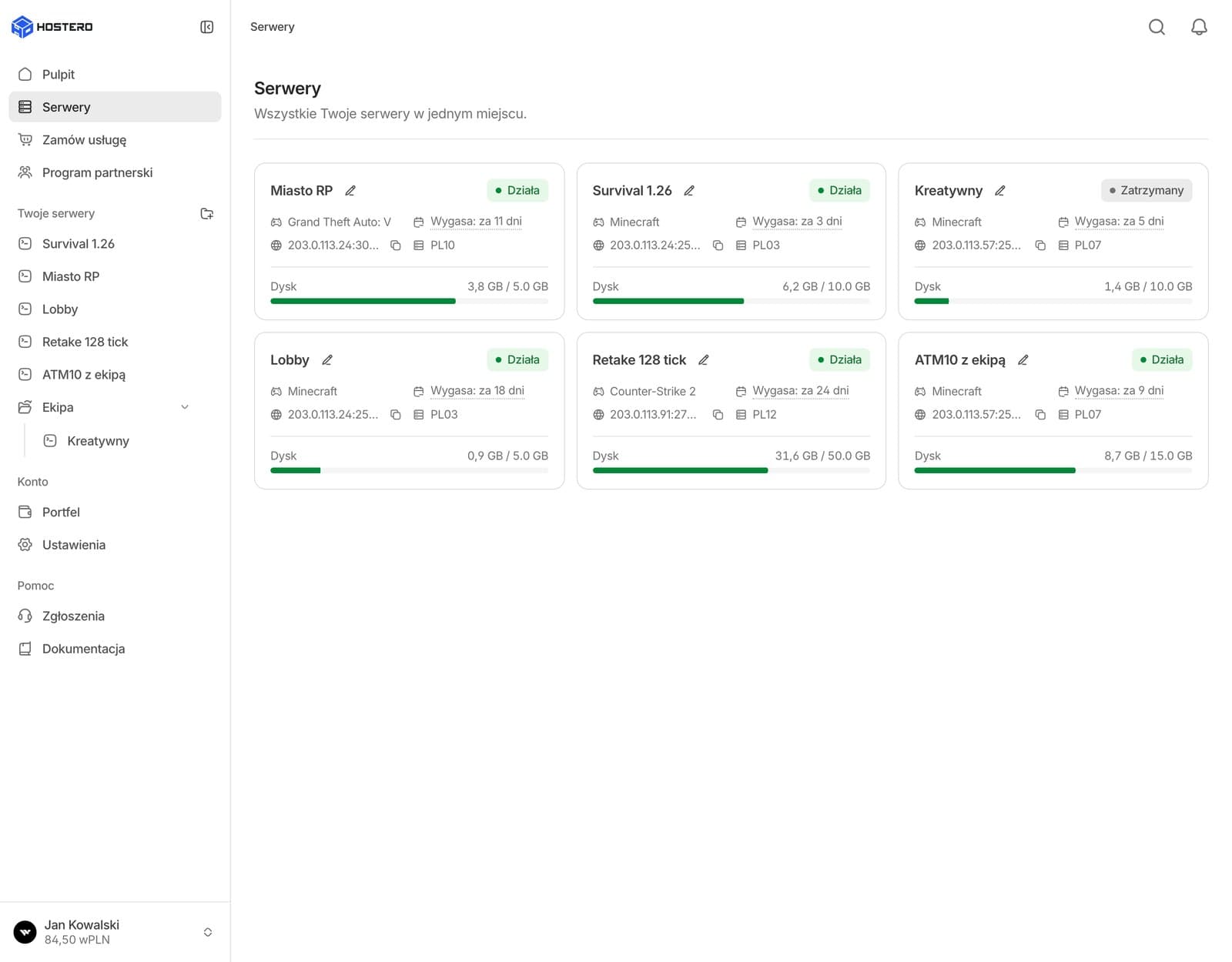 Nowy panel Hostero, lista serwerów