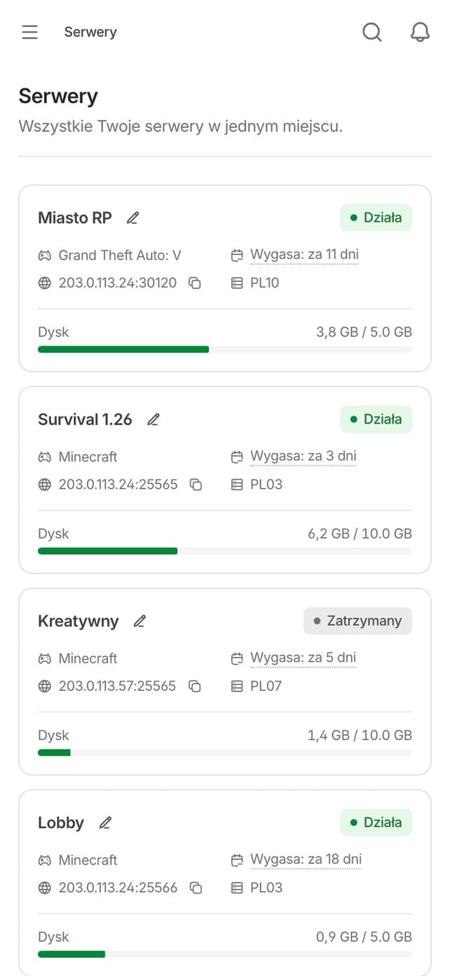 Nowy panel Hostero, lista serwerów